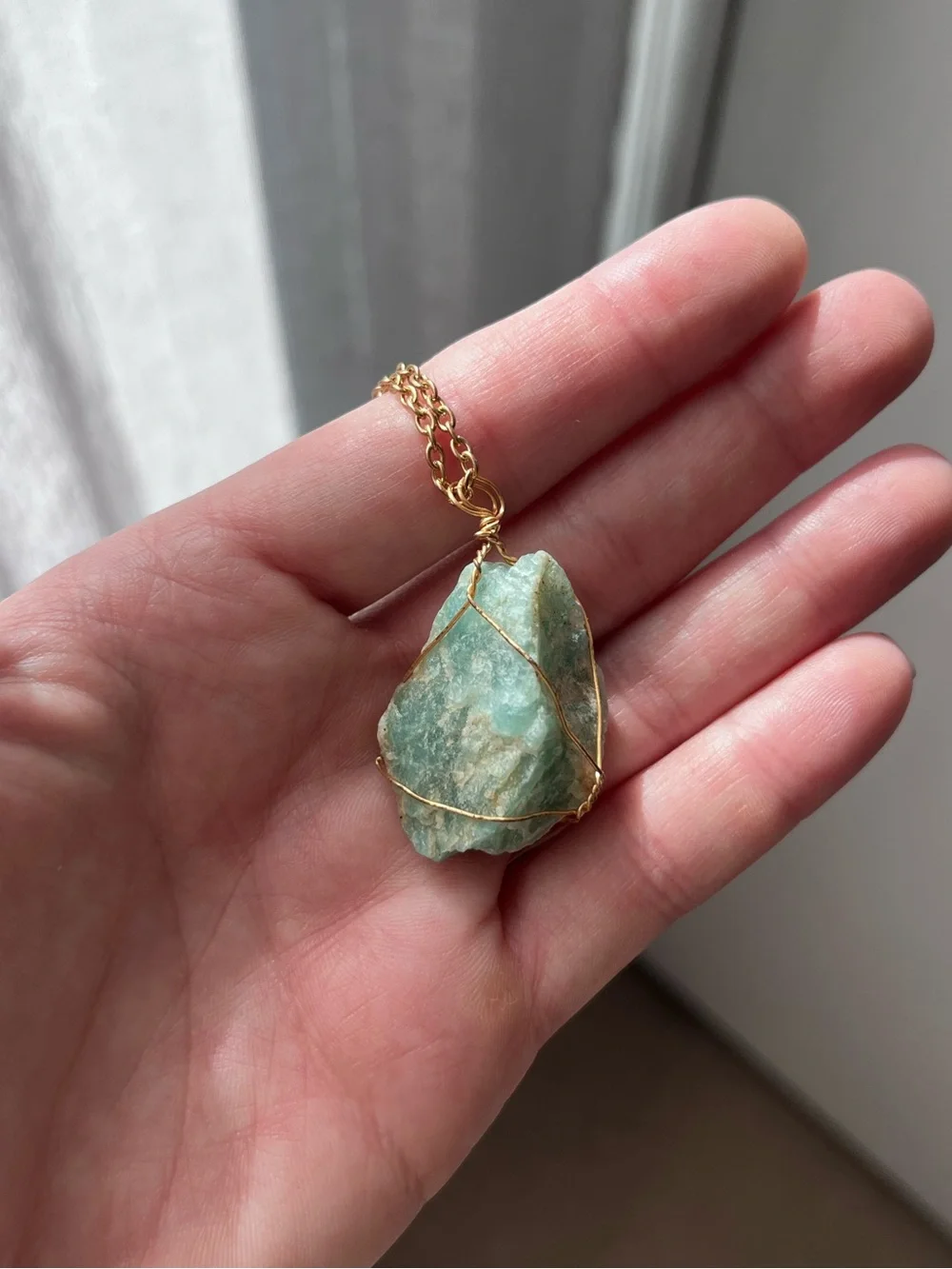 AMAZONITE raw cute natural wire wrapped stone pendant necklace on gold chain NEW